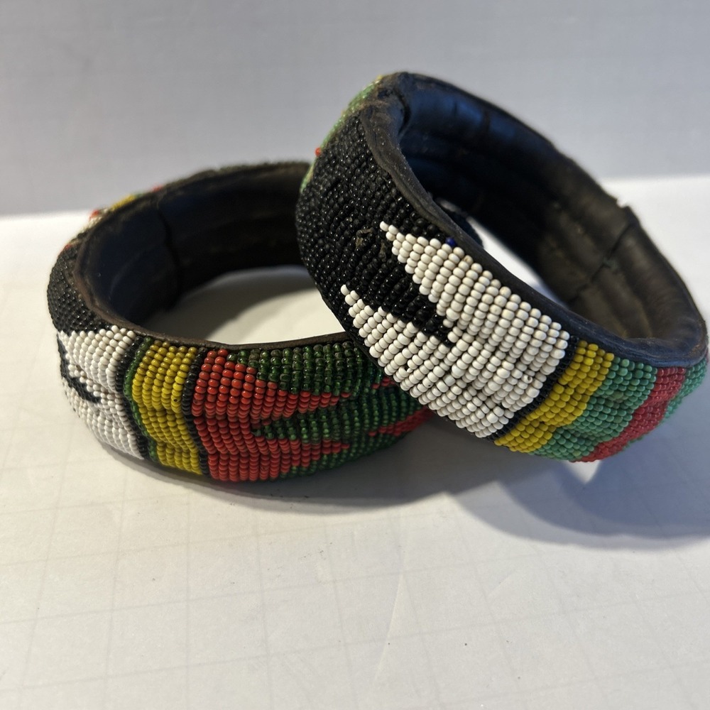 Vtg Authentic African Tribal Beaded Bracelet Bangle Leather Core Set Of 2